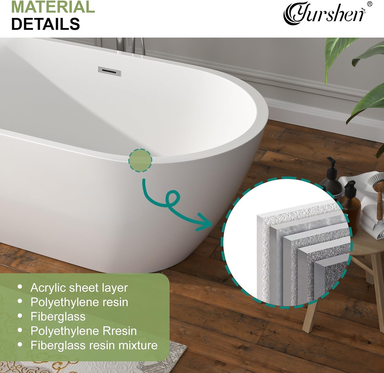 59 Inch Freestanding Acrylic Bathtub White Roll Top Soaking Tub with Smooth Curved Rim, Chrome Drain and Overflow, YSB9216