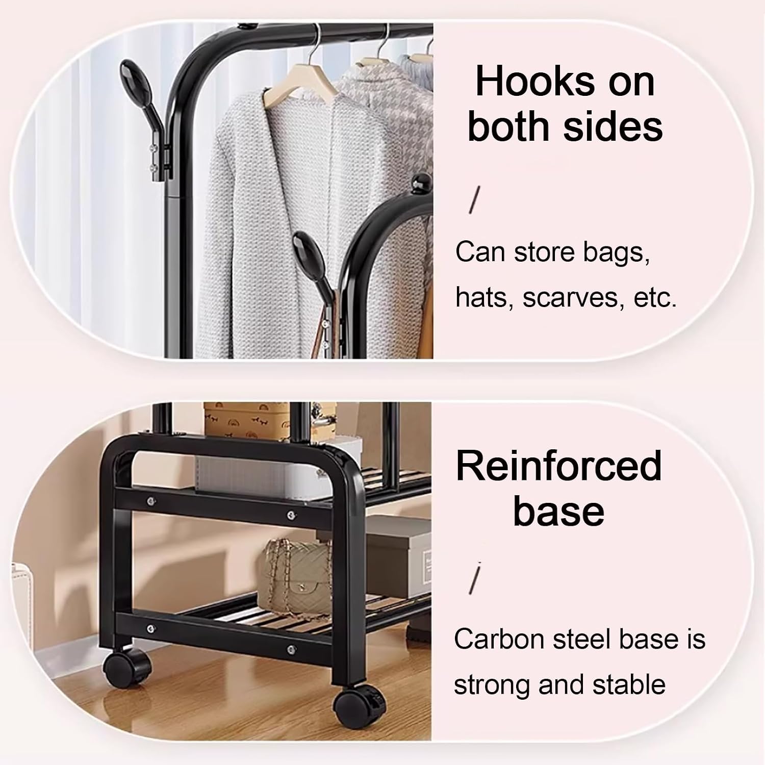 Metal Clothes Rack,Rolling Clothing Racks,Garment Rack With Storage Shelves And Coat/Hat Hooks,Freestanding Clothing Organizer For Bedroom Living Room(130cm/51.2in)