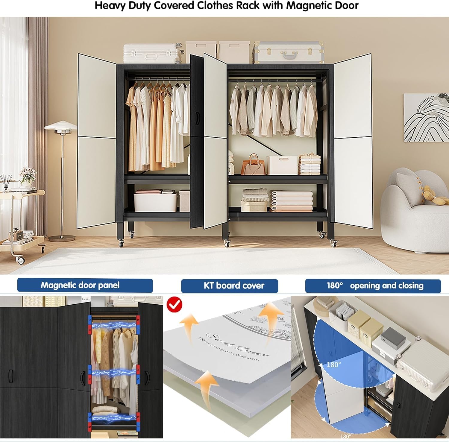 Heavy Duty Covered Clothes Rack with Magnetic Door Foldable Portable Wardrobe Closet for Hanging Clothing Rolling Black Metal Garment Rack on Wheels Closet System (Black, 70.89in)