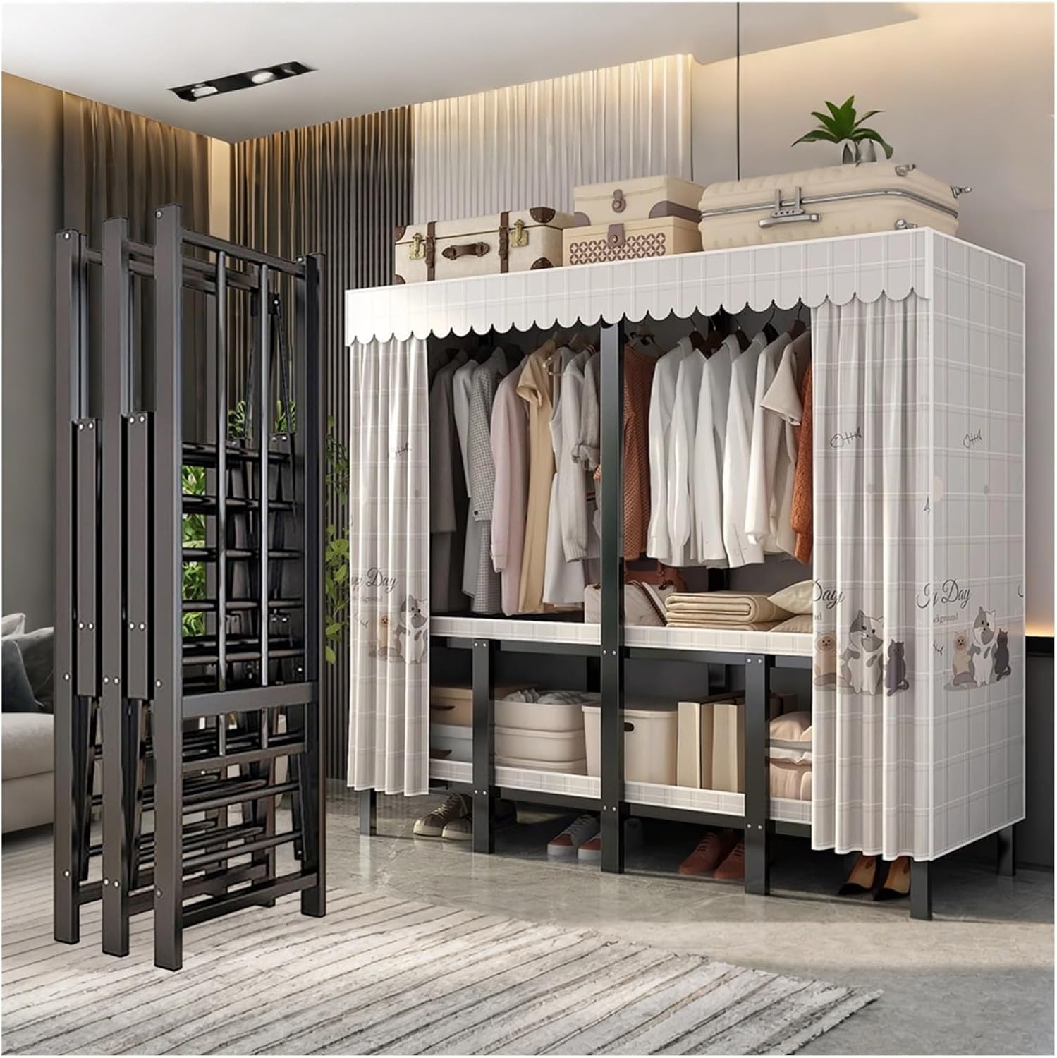 Heavy Duty Foldable Portable Wardrobe Closet With Cover, Portable Closet For Bedroom, Metal Garment Rack Closet, Enclosed Curtain For Hanging Clothes(Light grey,66.9inch)