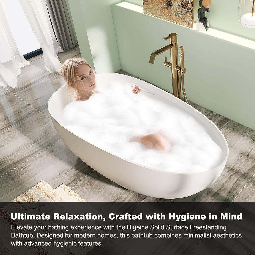 51' Premium Solid Surface Freestanding Bathtubs, Unique Oval Stone Resin Bath Tub with Overflow and Pop-up Drain, Matte White