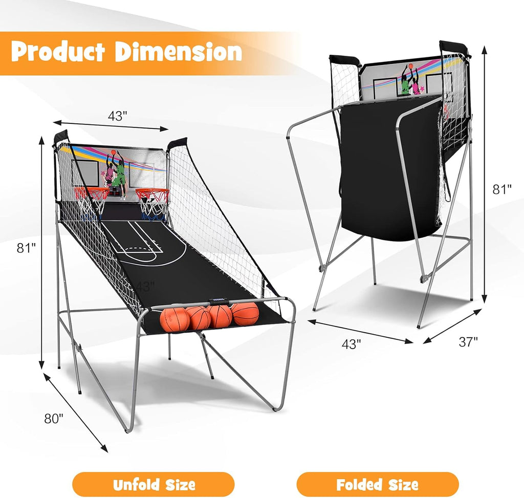 Goplus Foldable Dual Shot Basketball Arcade Game, Basketball Hoop Game w/Electronic Scoring, 8 Game Modes, 4 Balls, Indoor Outdoor Electronic Basketball Game Machine for Kids Adults (Black)