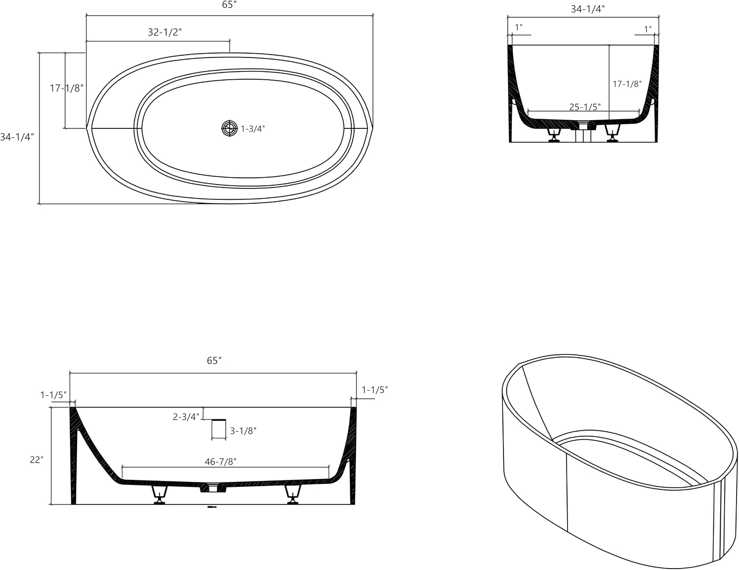 55' Glossy White Acrylic Freestanding Bathtub, Small Free Standing Soaking Tub with Chrome Toe-Tap Drain, cUPC Certified Soaker Tub