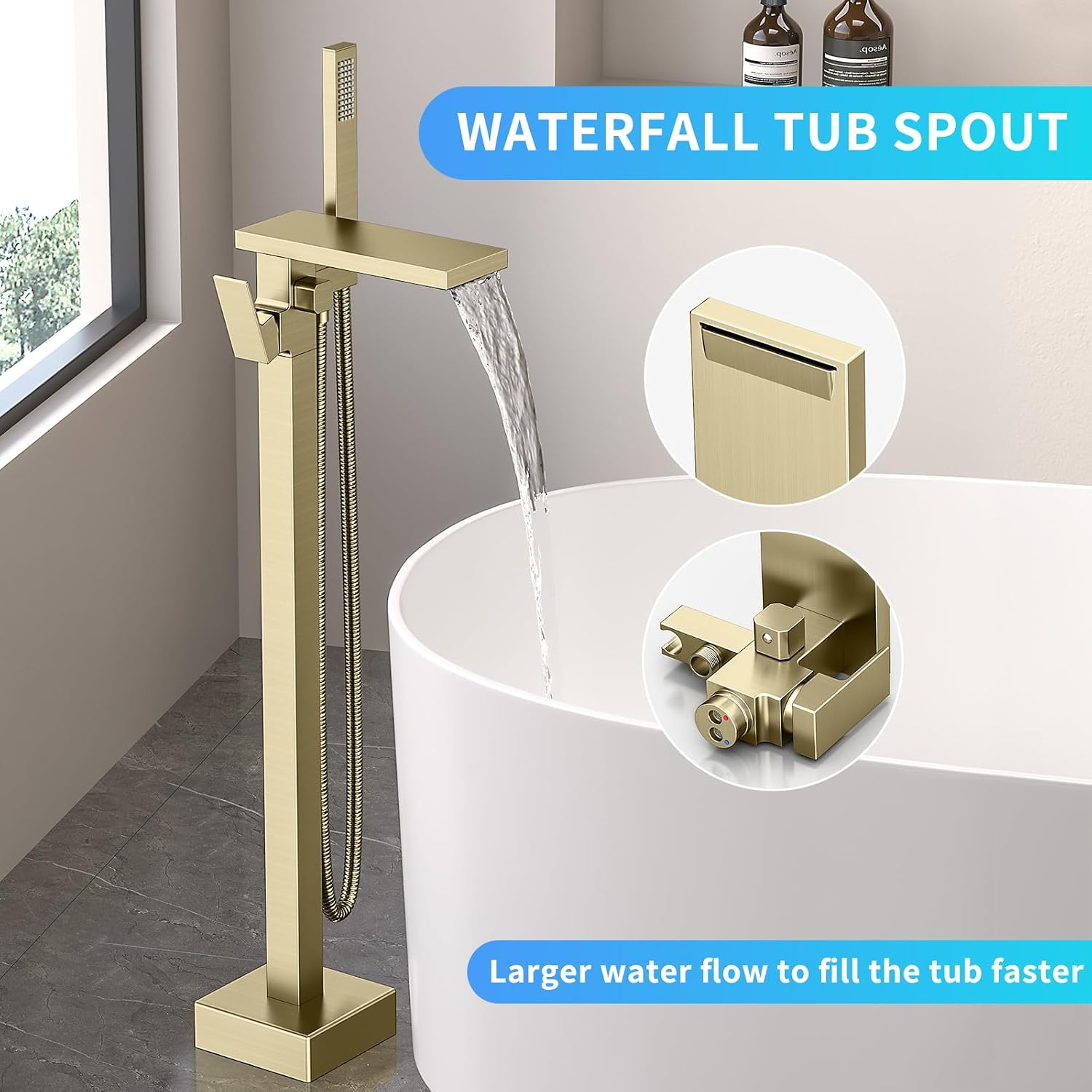 Freestanding Bathtub Faucet with Handheld Spray Single,High Flow Waterfall Bath Shower Faucet,Floor Mount Bathtub Faucet Swivel Flat Waterfall Spout Brushed Gold