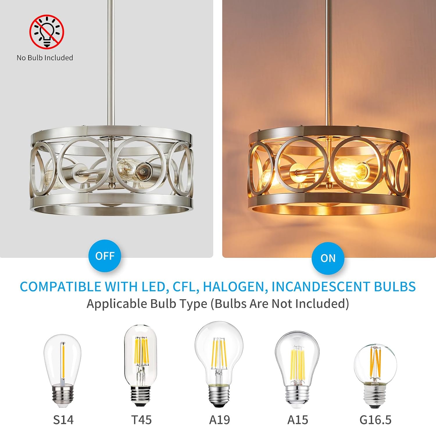 XINGQI Brushed Nickel 3-Light Rustic Ceiling Light Modern Adjustable Height Pendant Lighting Fixture Antique Drum Lamp for Living Room Bedroom Entryway Corridors 13'