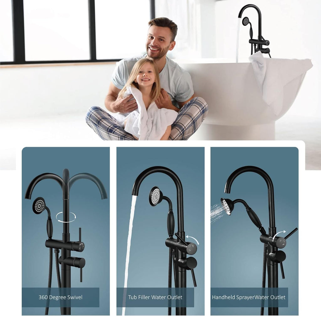 Aolemi Floor Mount Bathtub Faucet Freestanding Tub Filler Standing High Flow Shower Faucets with Vintage Handheld Matte Black