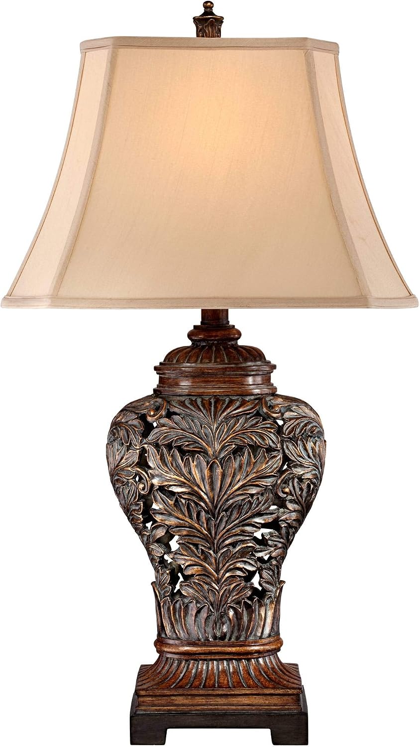 Barnes and Ivy Leafwork Traditional Farmhouse Rustic 3-Way Table Lamp with Table Top Dimmer 32.5' Tall Bronze Finish Rectangular Tan Shade for Living Room Bedroom House Bedside