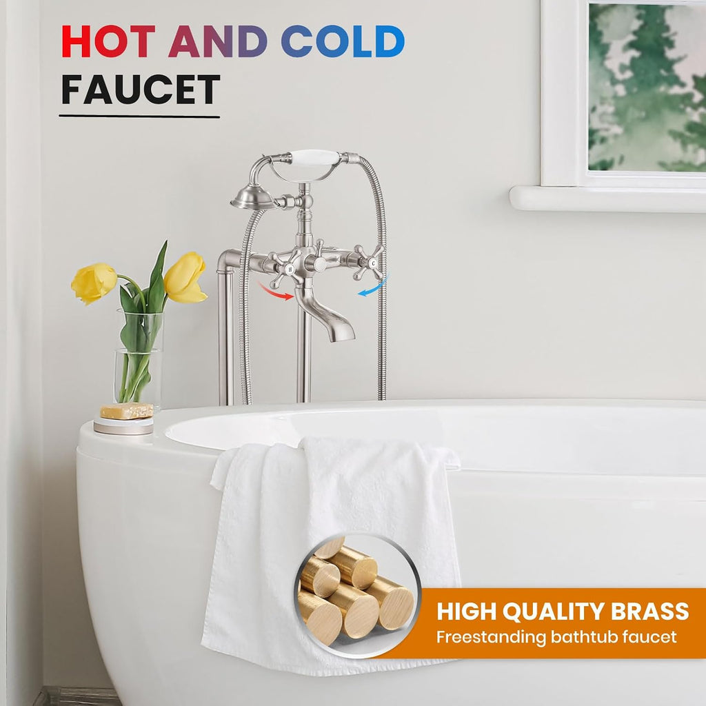 gotonovo Freestanding Bathtub Faucet Floor Mount Tub Filler with Double Cross Knobs 360° Rotation Spout High Flow Floor Standing Bathtub Shower Trumpet Shape Handheld Spray Brushed Nickel