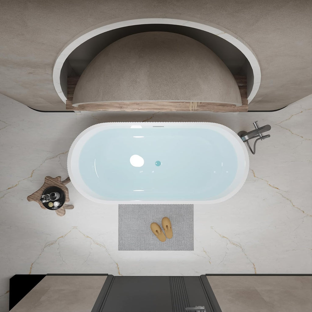KEIKI 59' Freestanding Acrylic Soaking Bathtub, Modern Minimalist Bathroom Oval Deep Soak Tub, cUPC Certified,Toe-tap Chrome Drain,Glossy White