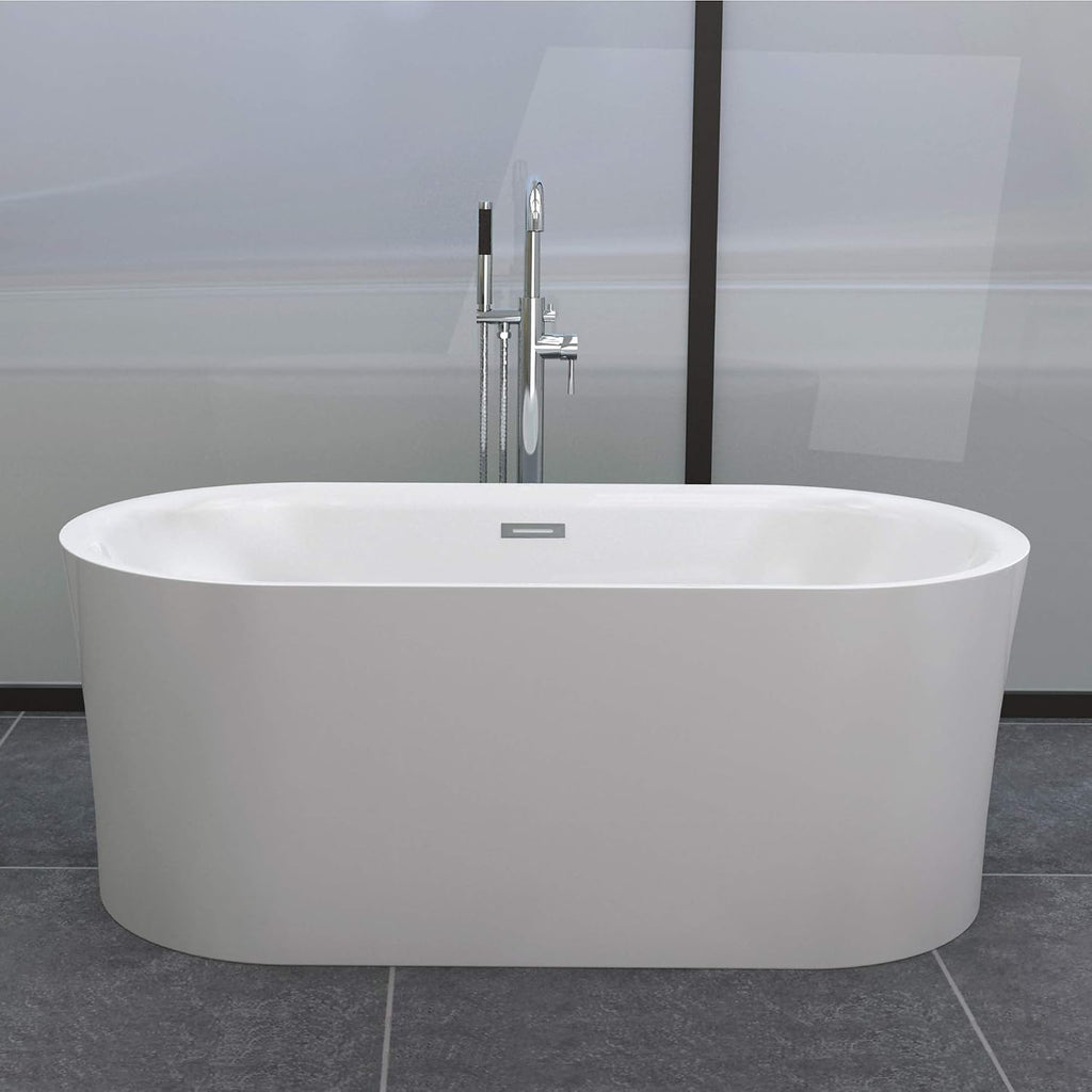 WOODBRIDGE 59' Acrylic Freestanding Bathtub Contemporary Soaking White Tub with Brushed Gold Overflow and Drain，B0102 -BG-Drain &O