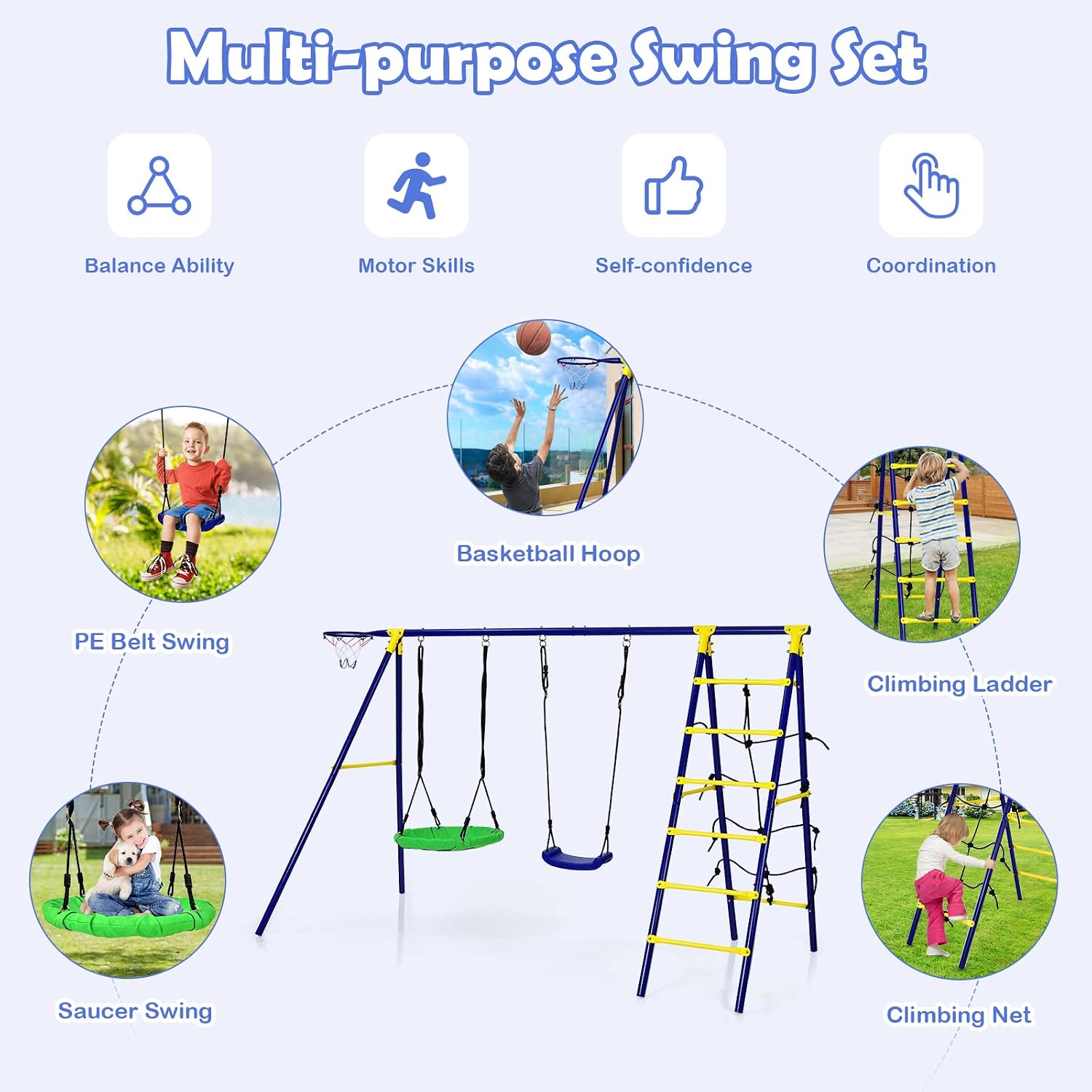 GLACER Swing Sets for Backyard, 550Lbs All-in-1 Large Kids Playground w/Ground Stake, Basketball Hoop & Saucer Swing, Climbing Ladder & Net, A-Shape Metal Heavy-Duty Outdoor Playgset, Boys & Girls