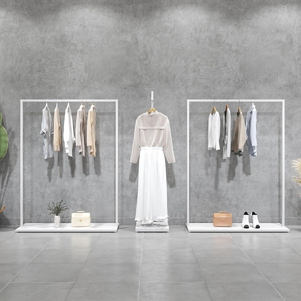 Freestanding Garment Rack Heavy Duty，outique Clothing Stand with 1 Tier Storage Shelves,Easy Assembly for Hanging Clothes(150x40x160cm)