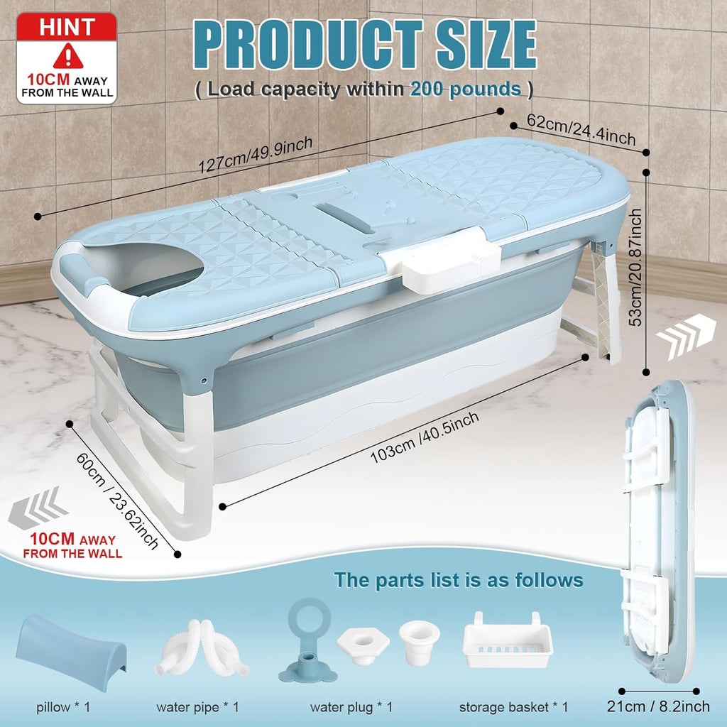Portable Foldable Bathtub for Adult, 41' Small Foldable Tub with Ergonomic Seat & Massage Roller, Large Capacity Soaking Tub for Adults with Thermal Cover (130cm)
