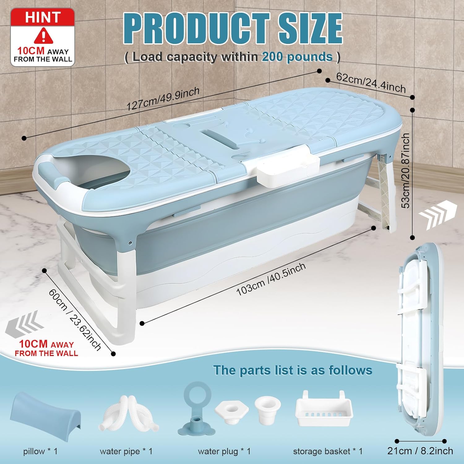 Portable Foldable Bathtub for Adult, 41' Small Foldable Tub with Ergonomic Seat & Massage Roller, Large Capacity Soaking Tub for Adults with Thermal Cover (130cm)