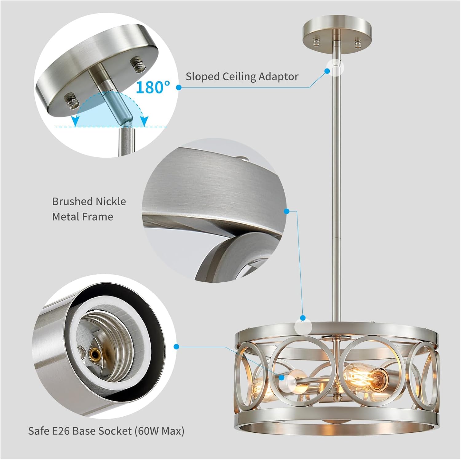 XINGQI Brushed Nickel 3-Light Rustic Ceiling Light Modern Adjustable Height Pendant Lighting Fixture Antique Drum Lamp for Living Room Bedroom Entryway Corridors 13'