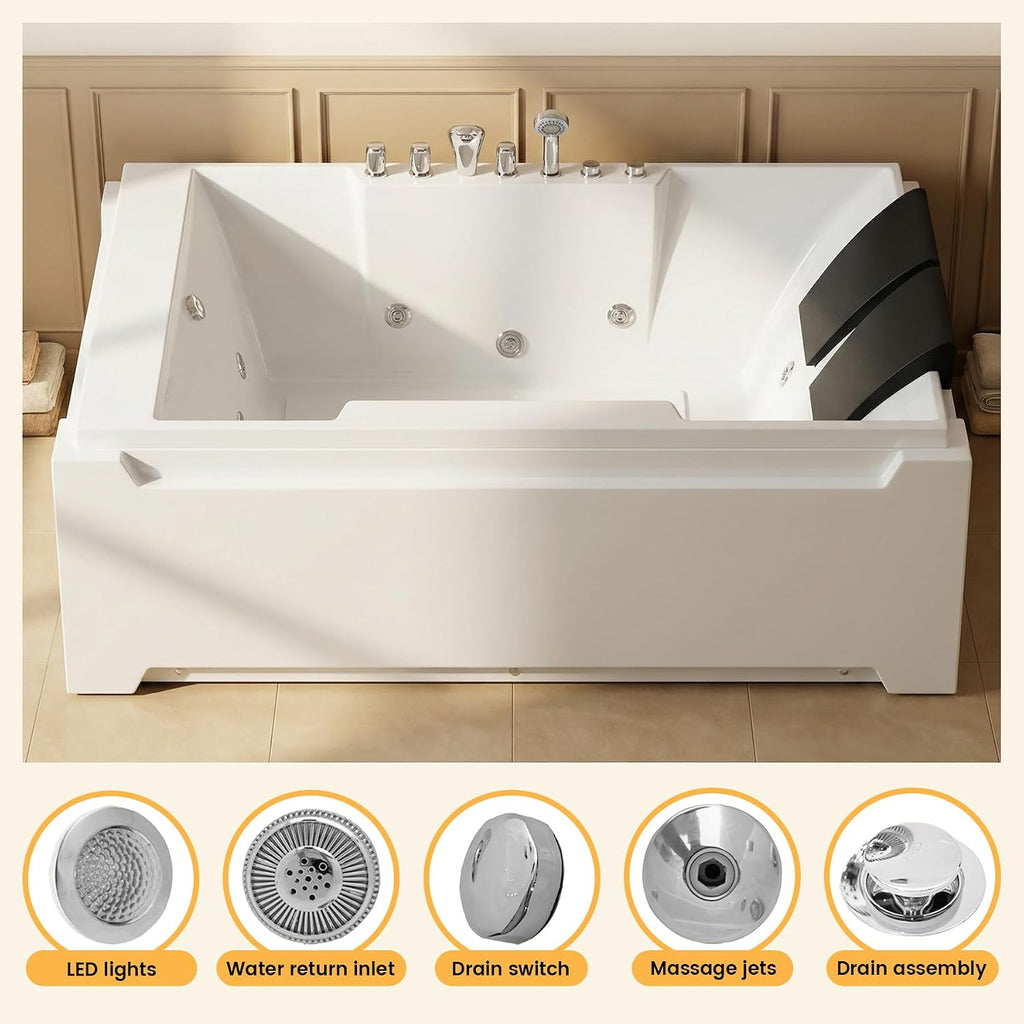 73x48-inch dual massage bathtub, featuring 8 jets, a 750-watt hydrotherapy pump, multi-color underwater LED lighting, 110-gallon capacity, suitable for two people. (white-1)