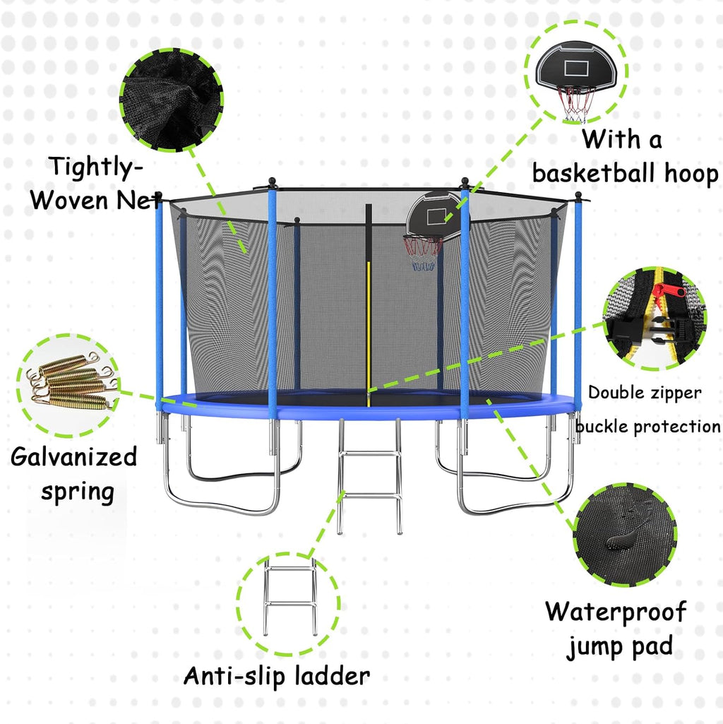 Tranpoline 10FT 12FT 14FT 16FT Tranpoline for Kids with Safety Enclosure Net Recreational Tranpoline for Adults ASTM Approval Backyard Outdoor Tranpoline with Basketball Hoop
