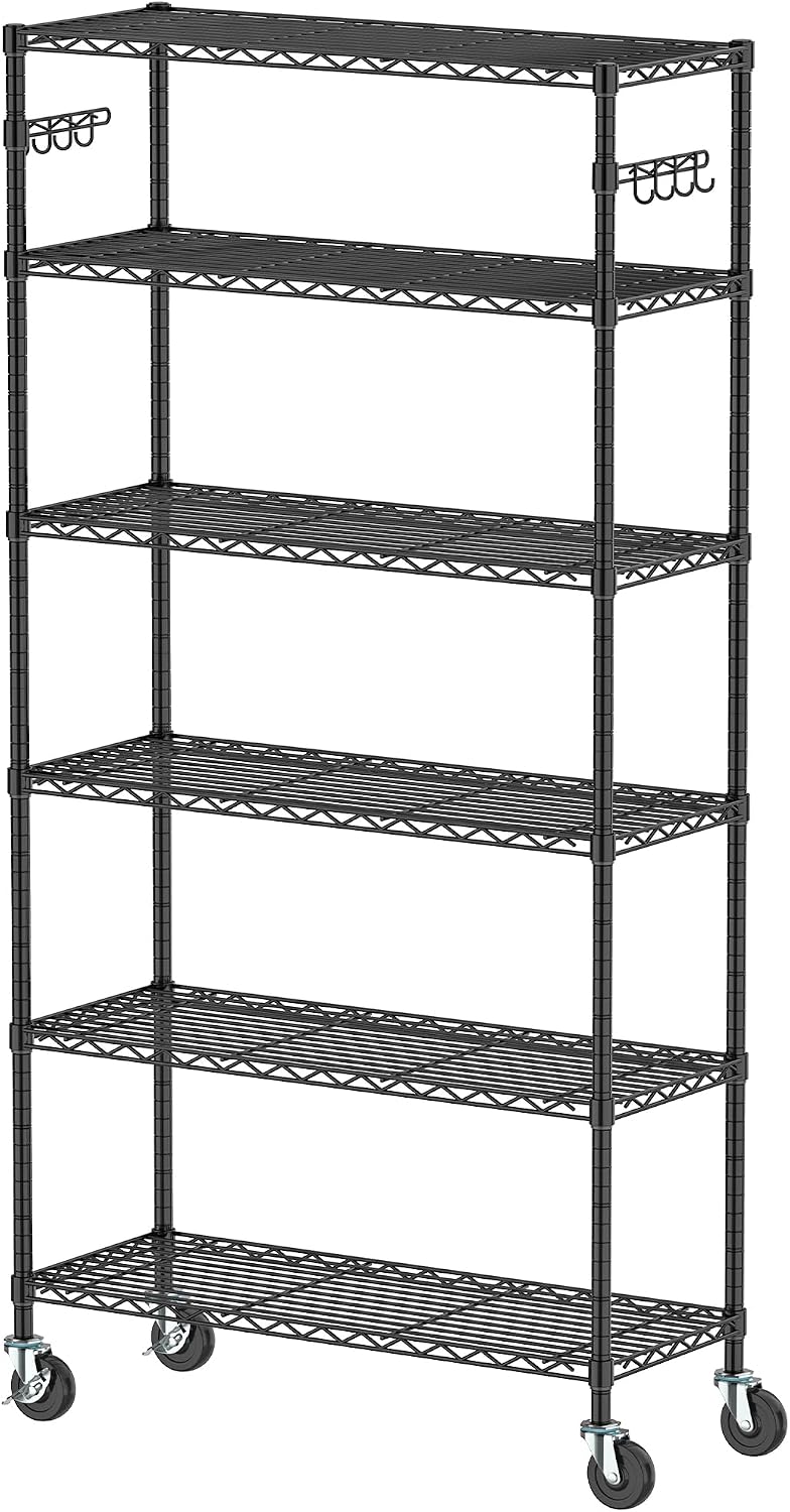 Heavy Duty Wire Metal Shelving with Wheels 6 Tier Garage Storage Utility Rolling Shelves Rack Unit Industrial Adjustable Sturdy Shelving for Kitchen Garage Pantry Bathroom Laundry