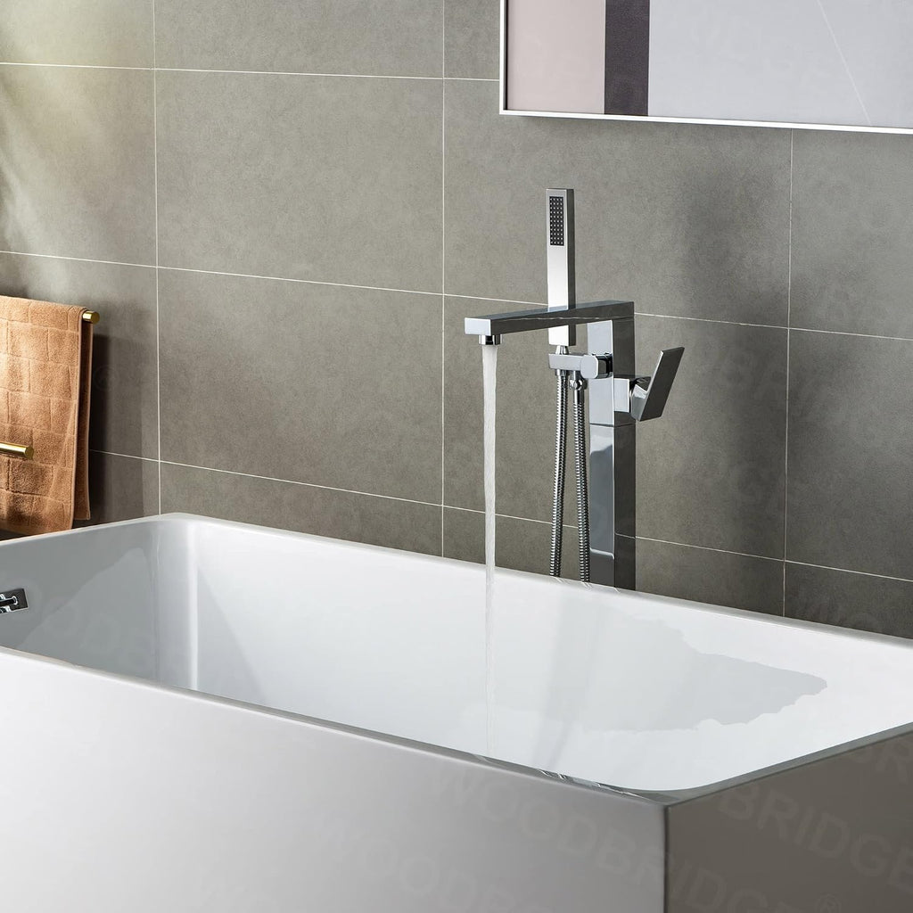 WOODBRIDGE Contemporary Single Handle Floor Mount Freestanding Tub Filler Faucet with Hand shower in Chrome Finish, F0004CHN