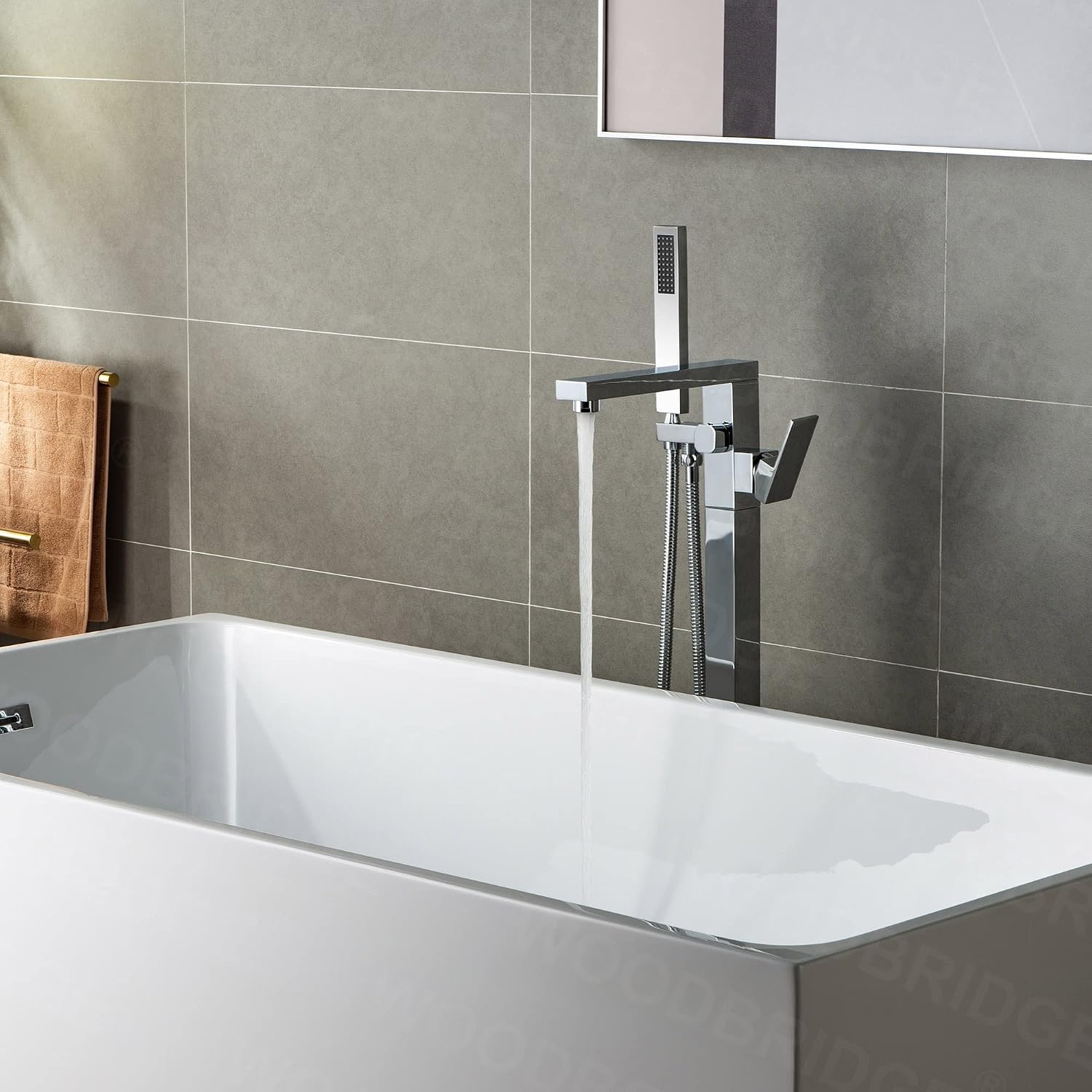 WOODBRIDGE Contemporary Single Handle Floor Mount Freestanding Tub Filler Faucet with Hand shower in Chrome Finish, F0004CHN