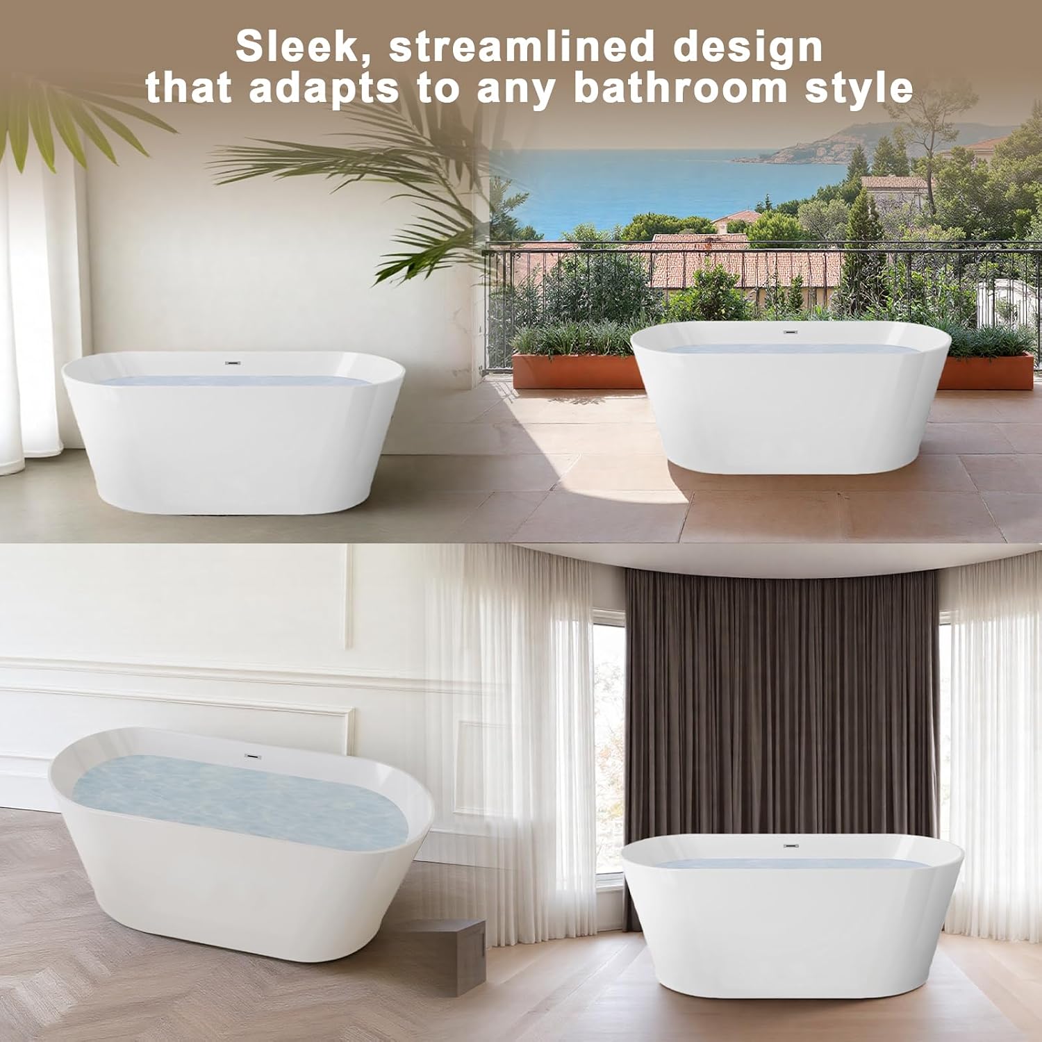 Zavdte 55' Freestanding Acrylic Bathtub, Gloss White Stand Alone Soaking Tub with Toe-tap Chrome Drain, Double-Wall Insulation, CUPC Certified, Easy Install & Spacious Design