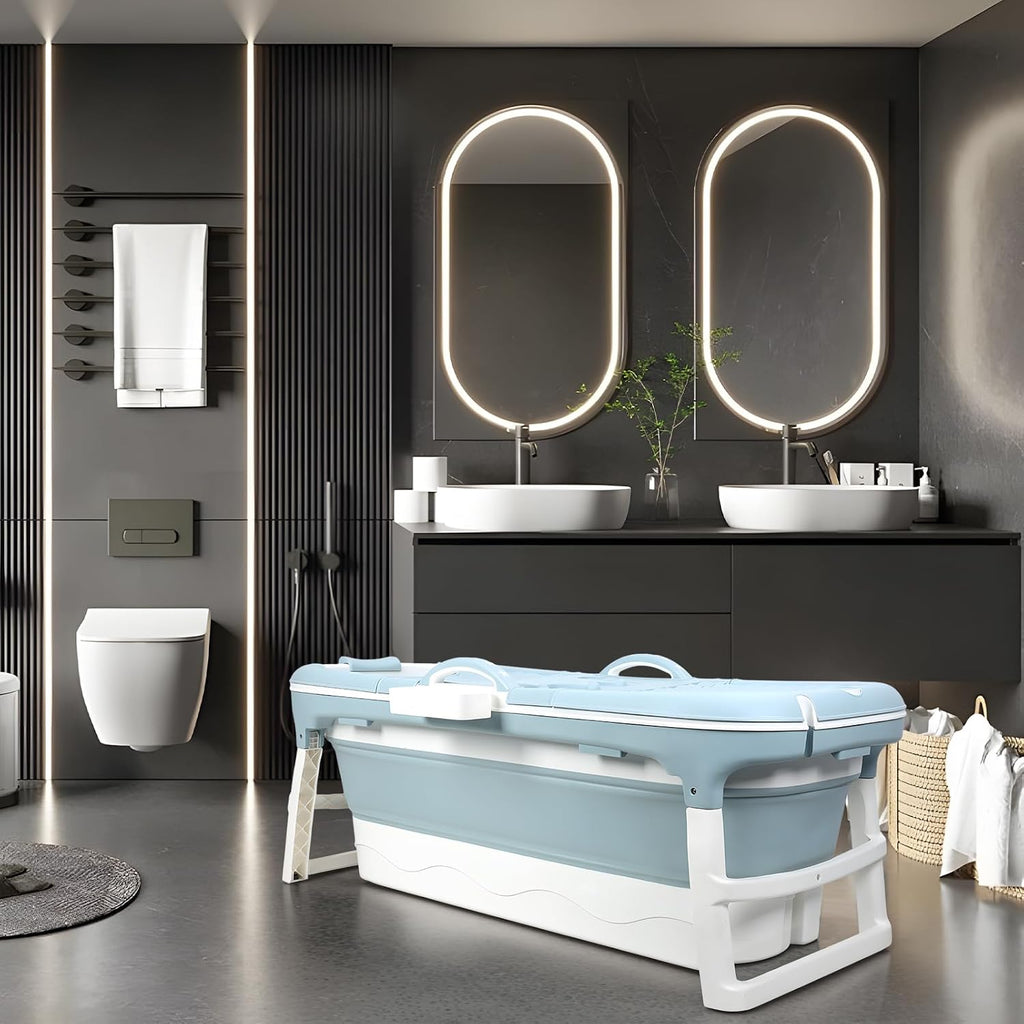 Portable Foldable Bathtub for Adult, 41' Small Foldable Tub with Ergonomic Seat & Massage Roller, Large Capacity Soaking Tub for Adults with Thermal Cover (130cm)