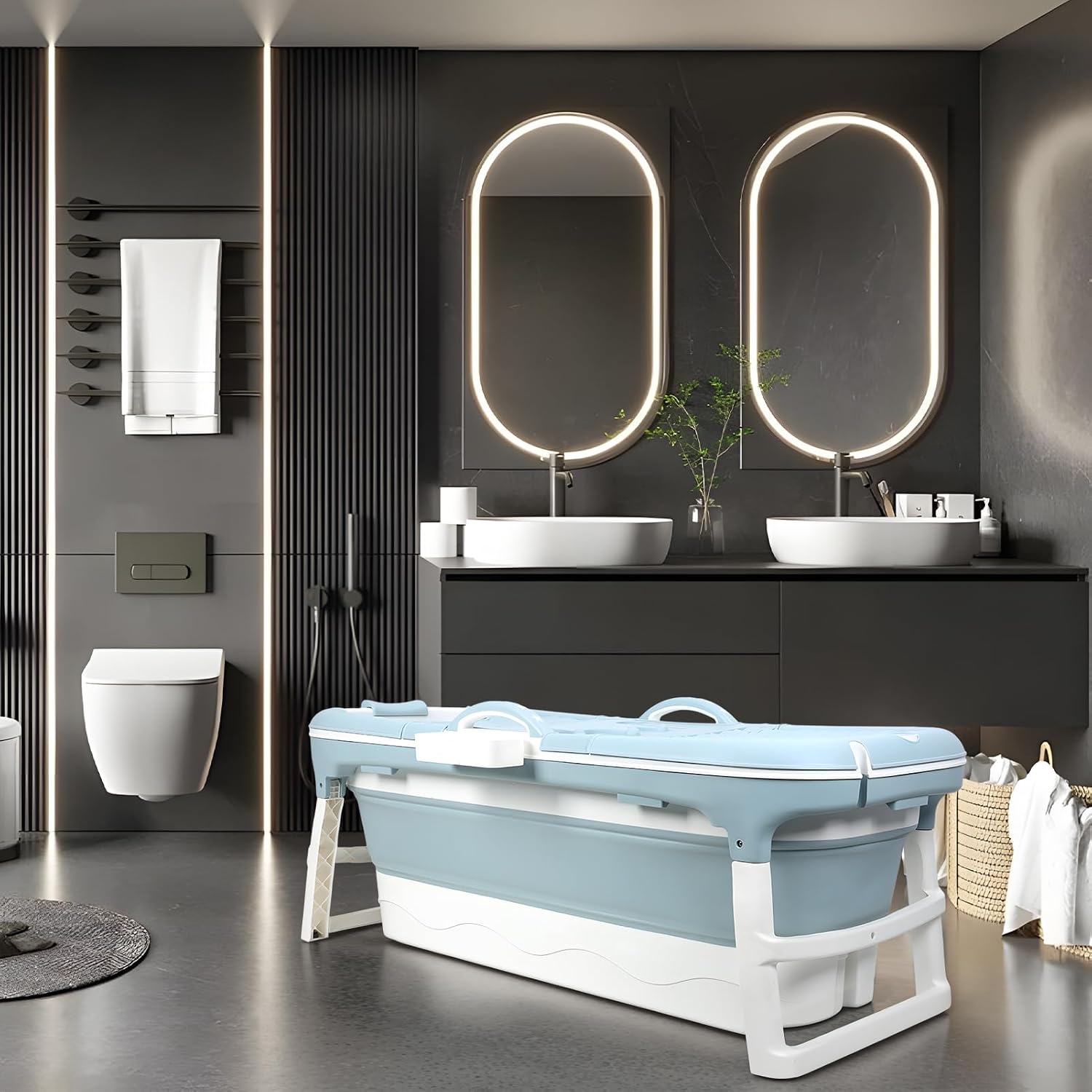 Portable Foldable Bathtub for Adult, 41' Small Foldable Tub with Ergonomic Seat & Massage Roller, Large Capacity Soaking Tub for Adults with Thermal Cover (130cm)