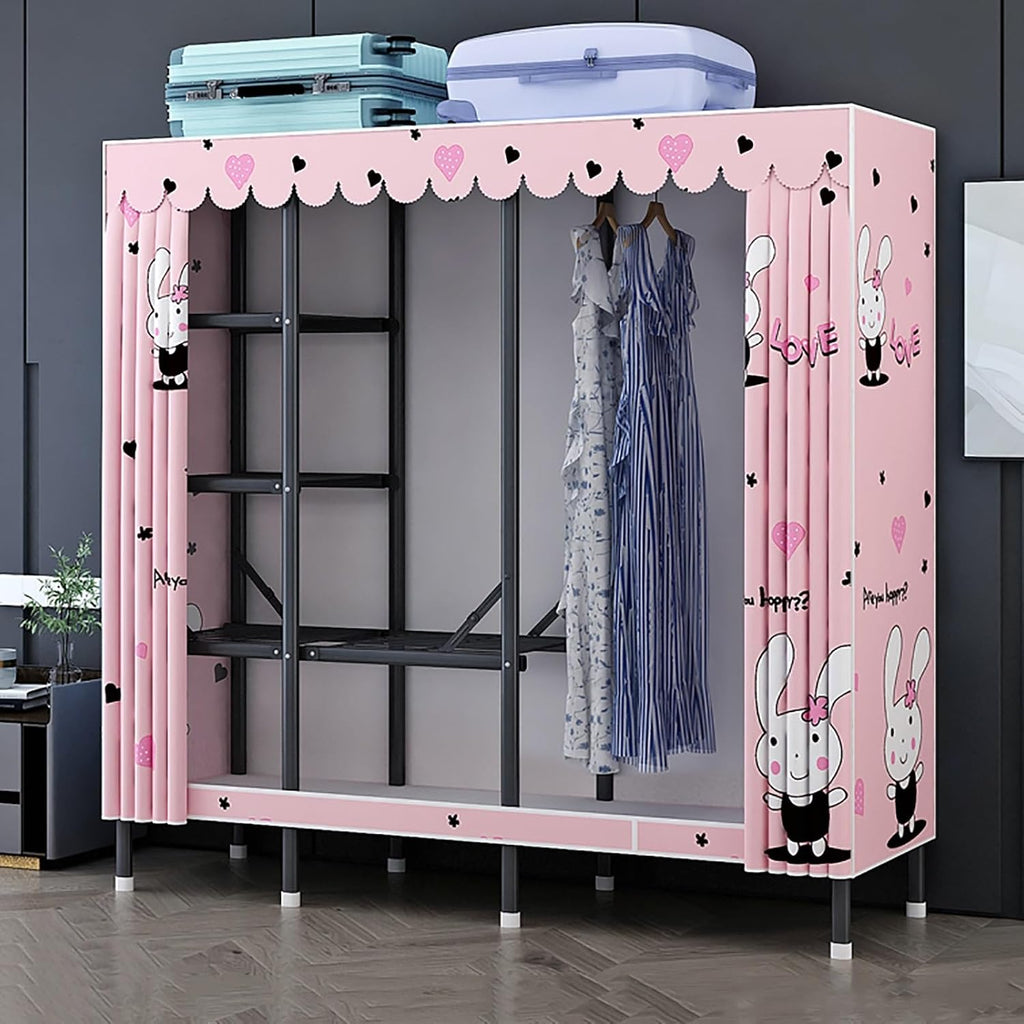 Portable Wardrobe Closet With Cover, Foldable Garment Rack With Hanging Rods, Metal Coat Storage Clothing Rack For Hanging Clothes, For Bedroom(Pink,170cm/66.9inch)