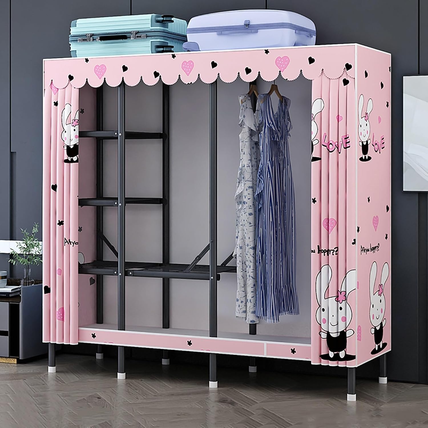 Portable Wardrobe Closet With Cover, Foldable Garment Rack With Hanging Rods, Metal Coat Storage Clothing Rack For Hanging Clothes, For Bedroom(Pink,170cm/66.9inch)