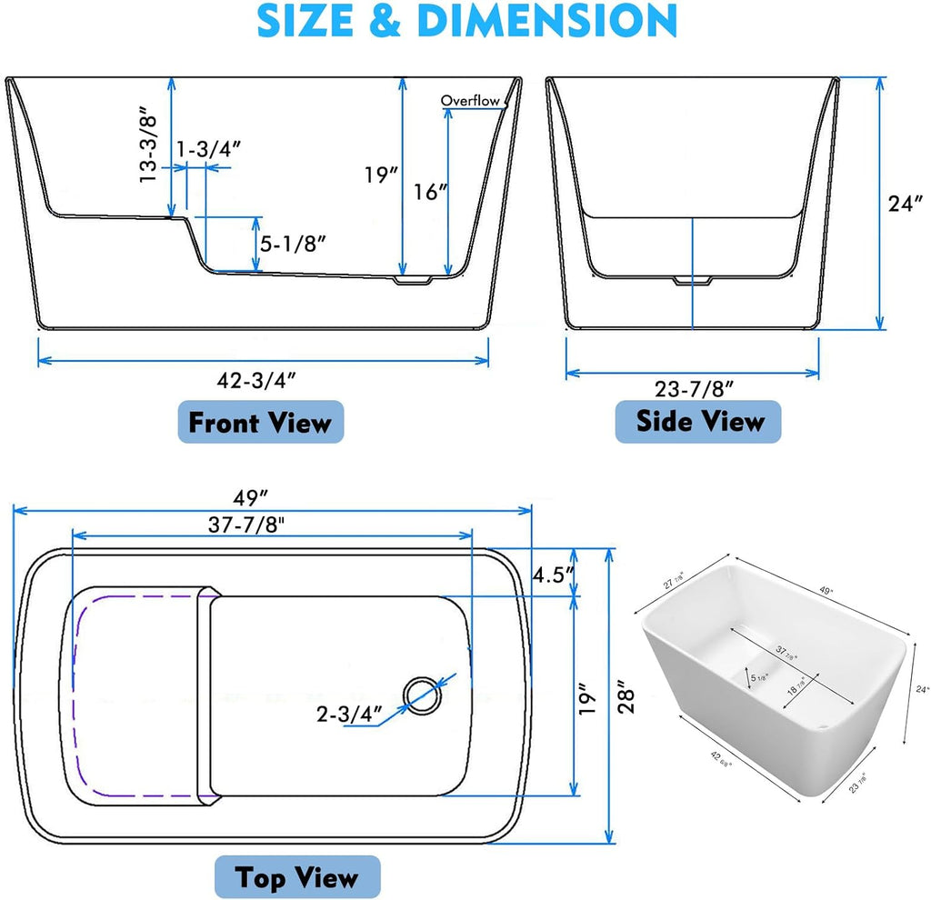 Acrylic Freestanding Bathtub - 49 Inch Square Japanese Soaking Tub with Seat, Chrome Pop-Up Drain, Overflow - cUPC Certified, Glossy White