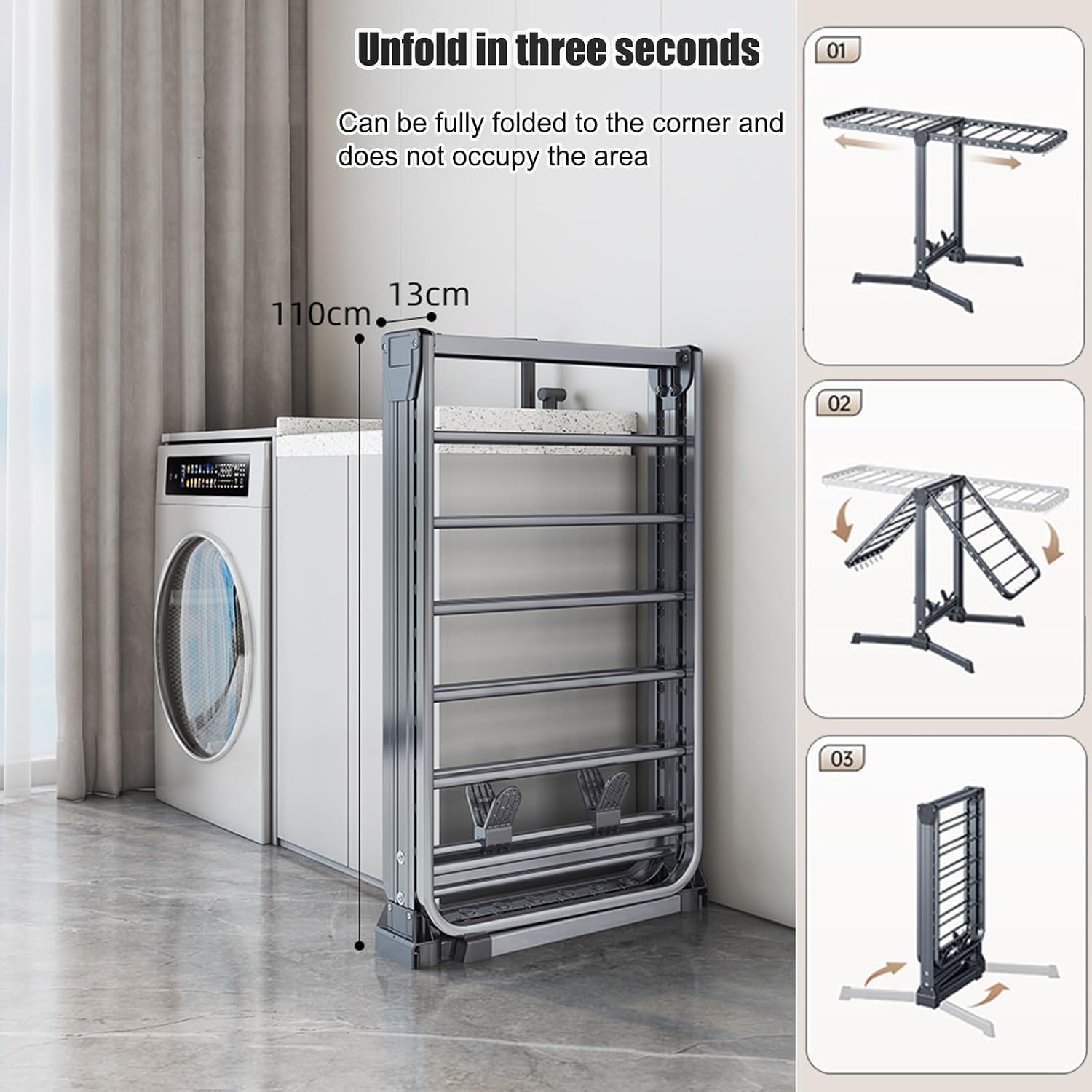 Clothes Drying Rack Laundry Drying Rack Collapsible Portable Drying Rack with Foldable Wings Large Stainless Steel Garment Dryer,Freestanding Washing Machine Organizer,Free of Installation ( Color : B