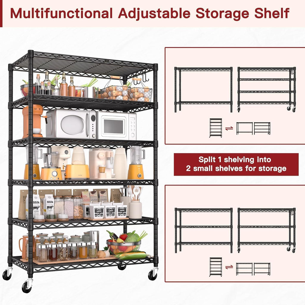 PrimeZone 6 Tier Wire Shelving with Wheels 79''H 1500lbs Storage Shelves NSF Certified Heavy Duty Steel Metal Shelf Adjustable Rolling Rack Kitchen Garage Closet Pantry Laundry 79''HX36''WX16''D 2Pcs
