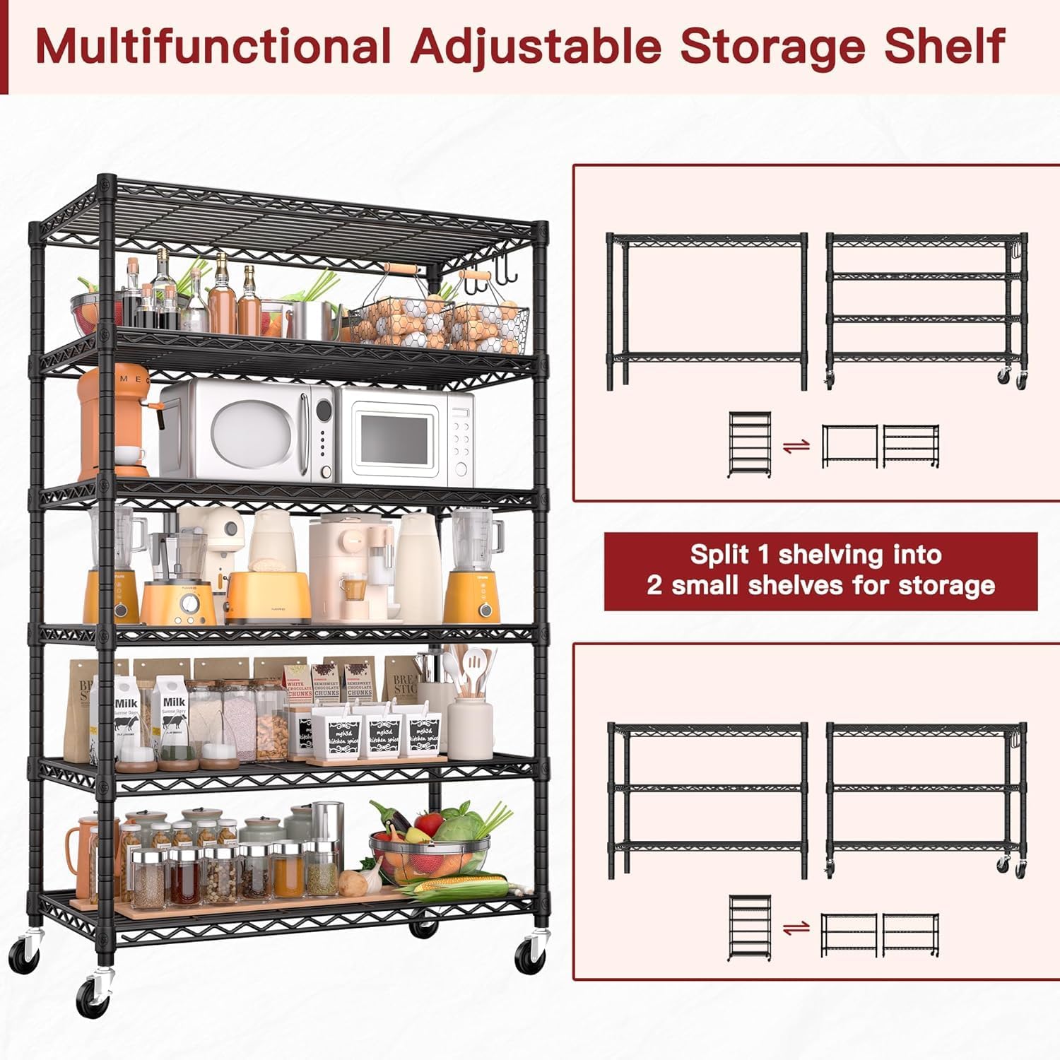PrimeZone 6 Tier Wire Shelving with Wheels 79''H 1500lbs Storage Shelves NSF Certified Heavy Duty Steel Metal Shelf Adjustable Rolling Rack Kitchen Garage Closet Pantry Laundry 79''HX36''WX16''D 2Pcs