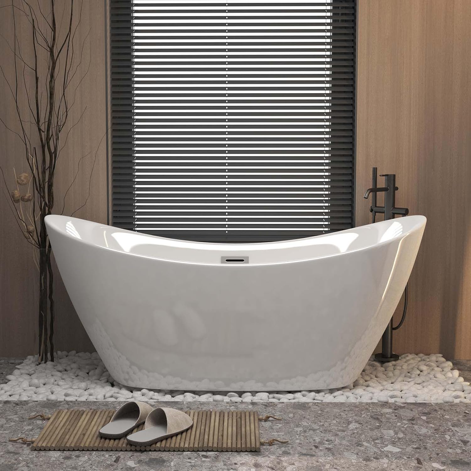 59' Acrylic Freestanding Bathtub White, Oval Shape Soaking Tub with Pop-up Chrome Drain, Free Standing Bathtubs CUPC Certified