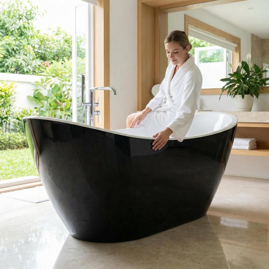 GarveeLife 59 Inch Freestanding Bathtub, Black and White Soaking Tub, Modern Acrylic Standalone Soaker with Matte Black Overflow & Pop-Up Drain, Two-Tone Finish