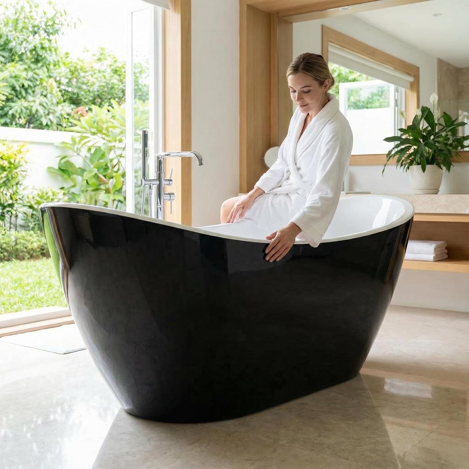 GarveeLife 59 Inch Freestanding Bathtub, Black and White Soaking Tub, Modern Acrylic Standalone Soaker with Matte Black Overflow & Pop-Up Drain, Two-Tone Finish