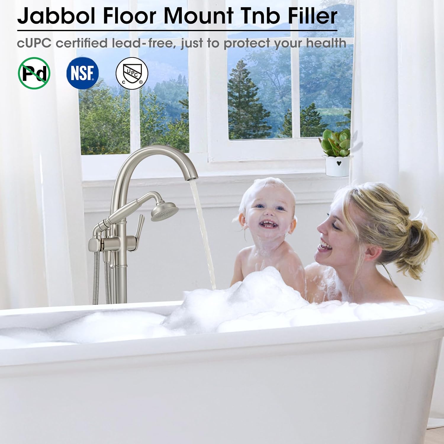 Free Standing Tub Faucet, Jabbol Luxury Freestanding Bathtub Faucet with Sprayer, Brass Bathroom Floor Mount Tub Filler, Brushed Nickel (JB-8811BN)