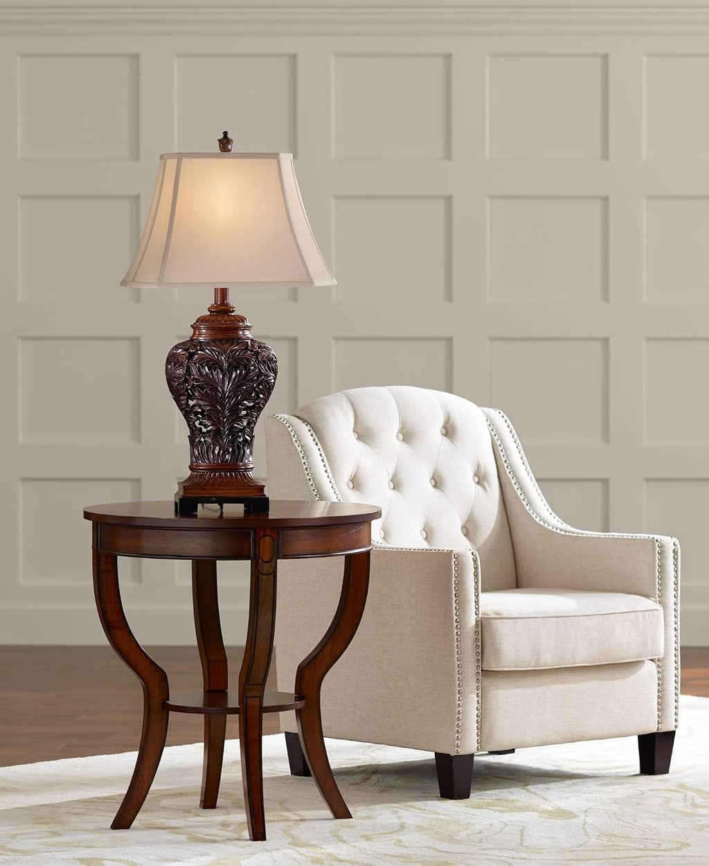 Barnes and Ivy Leafwork Traditional Farmhouse Rustic 3-Way Table Lamp with Table Top Dimmer 32.5' Tall Bronze Finish Rectangular Tan Shade for Living Room Bedroom House Bedside