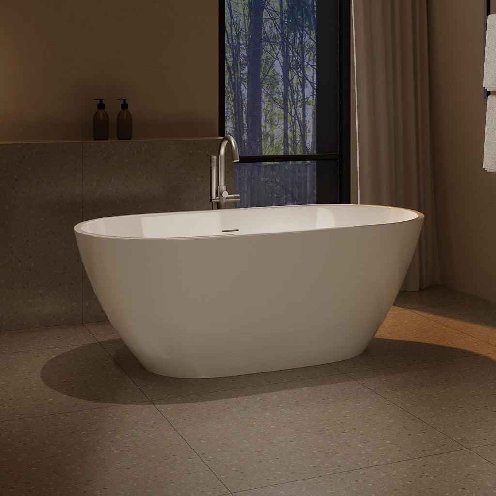OVE Decors Ayago 59 in. Solid Surface Freestanding White Acrylic Soaking Bathtub, with Overflow and Satin Nickel Pop-up Drain