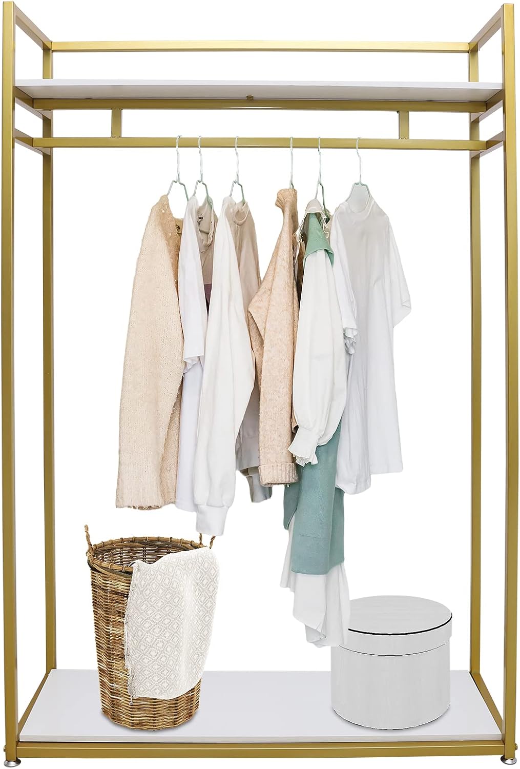 Gold Metal Clothes Display Stand with Panel,Heavy Duty Rectangle Retail Clothes Rack,Freestanding Garment Rack for Boutiques or Home (with Panel)