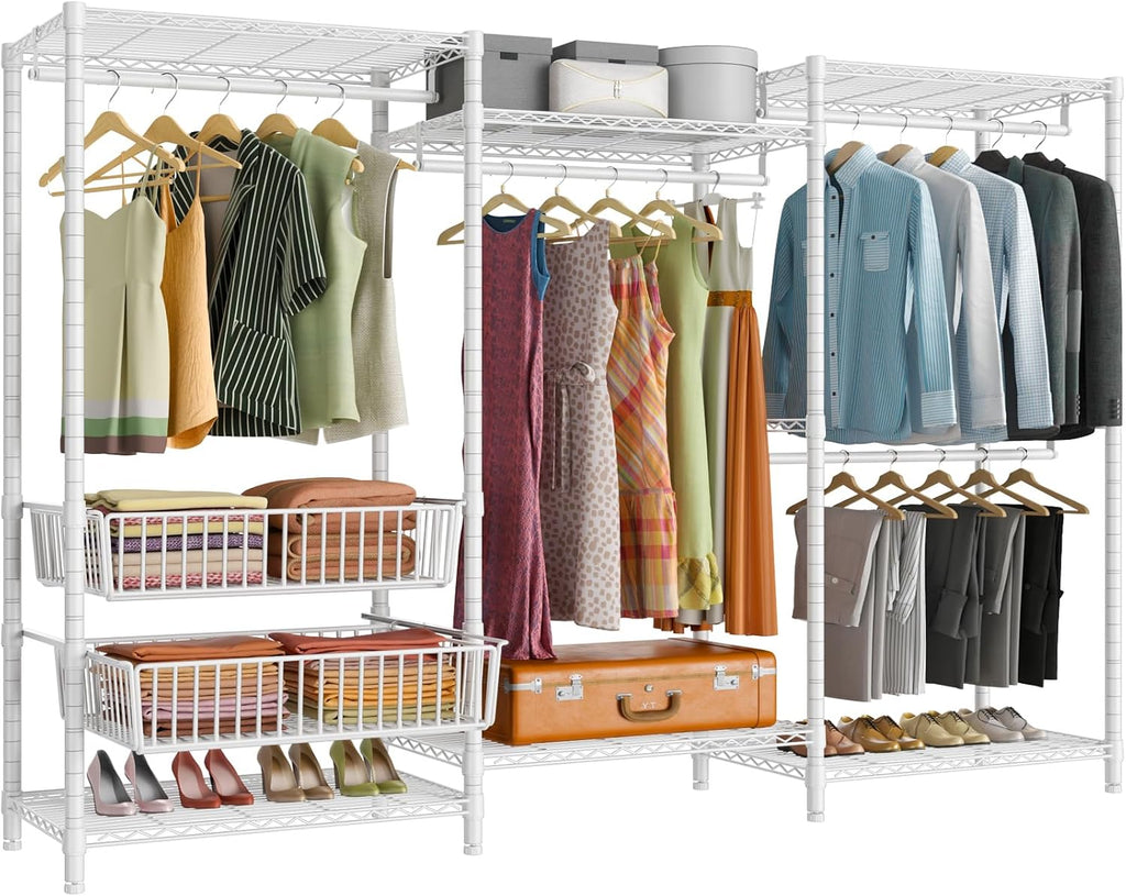 VIPEK V10 Wire Garment Rack 5-Tiers Heavy Duty Clothes Rack Large Size Clothing Rack with 4 Hanging Rods, 6 Wire Shelves and 2 Slid Baskets, 68.9' W x 15.7' D x 76.4' H, Max Load 920 LBS, White