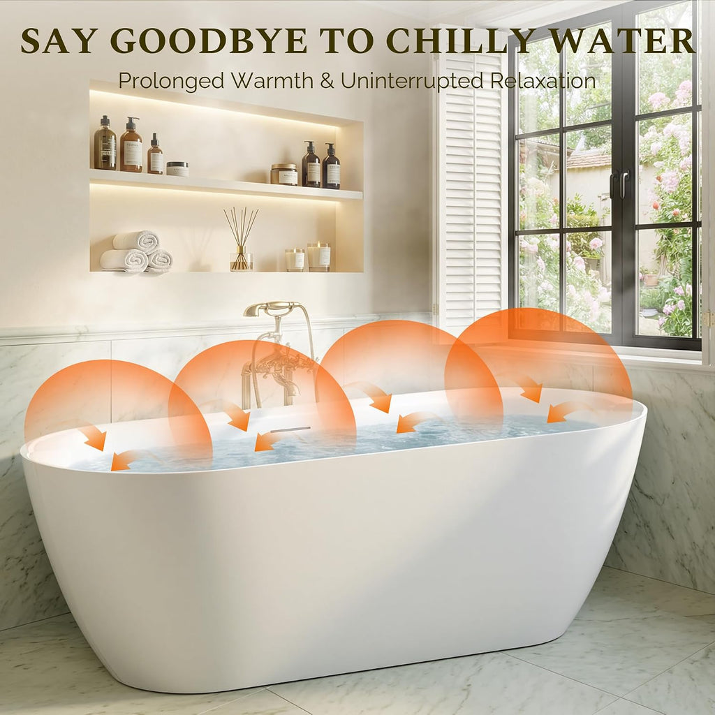 67' Freestanding Bathtub, Modern Oval Acrylic Soaking Tub with Overflow & Shower Function, Deep Standalone Tub with cUPC Certification, Double-Walled Insulation, (White 67Inch)