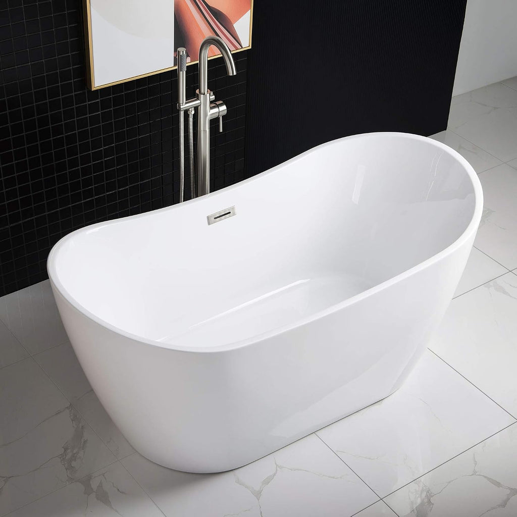 WOODBRIDGE 59' Acrylic Freestanding Bathtub Contemporary Soaking Tub with Brushed Nickel Overflow and Drain B-0016 -B/N-Drain &O