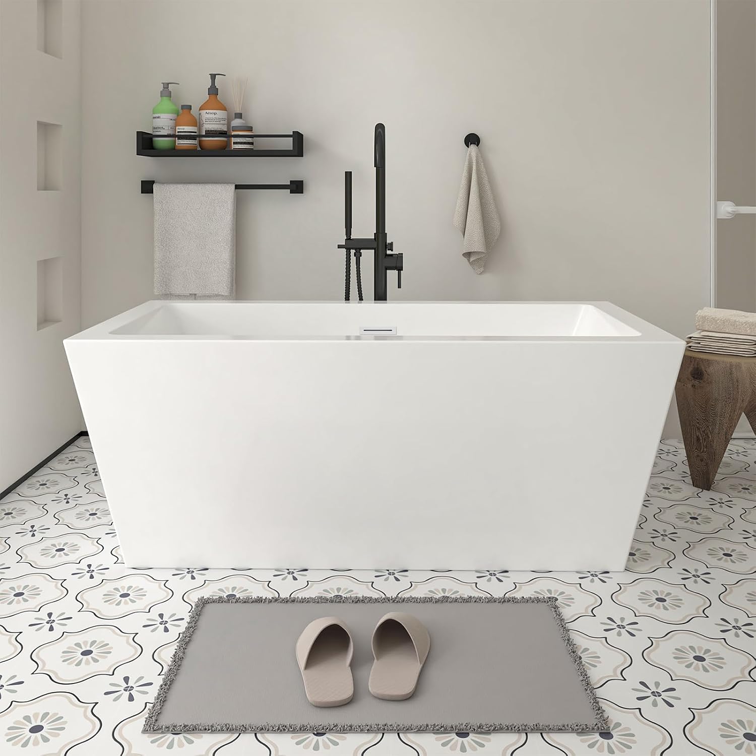 HomeBeyond 59 Inch Freestanding Bathtub | Acrylic Free Standing Tub, Square Flatbottom Freestanding Bathtub Stand Alone Tub, 49 (gallons) capacity