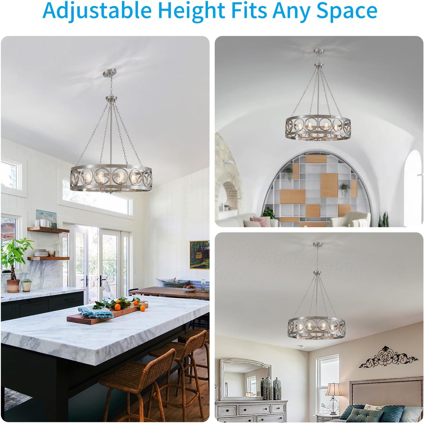 XINGQI 32.3' Large Brushed Nickel Drum Chandelier Modern 8-Light Rustic Farmhouse Round Pendant Lighting Fixture for Dining Room Living Room Office Kitchen Island