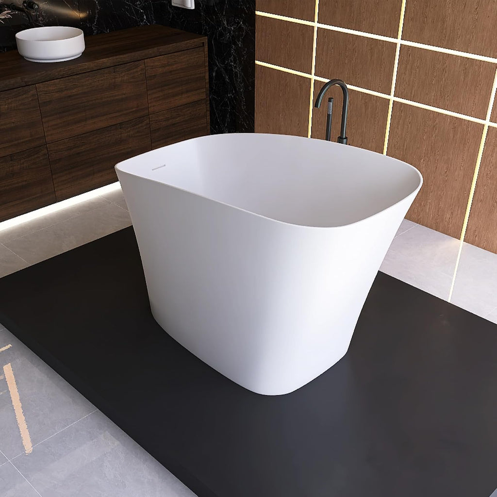 51' Japanese Soaking Bathtub with Seat, Solid Surface Matte White | Freestanding Deep Soaking Tub, Pop-Up Drain and Overflow, Resin Stone Stand Alone for Samll Bathroom