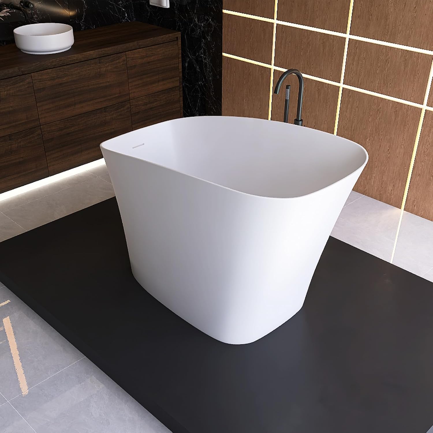 51' Japanese Soaking Bathtub with Seat, Solid Surface Matte White | Freestanding Deep Soaking Tub, Pop-Up Drain and Overflow, Resin Stone Stand Alone for Samll Bathroom