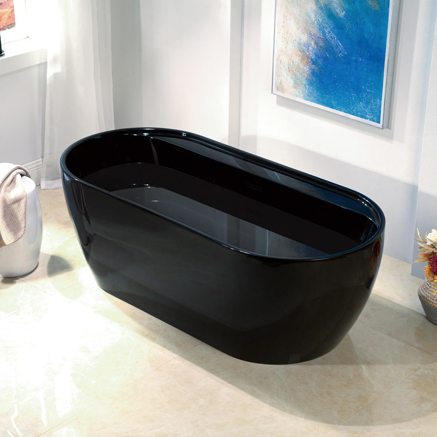 WOODBRIDGE 67' L x 31-1/2' W Freestanding Contemporary Acrylic Soaking Bathtub in Glossy Black Inside and Outside with Matte Black Drain & Overflow,B8863-MB
