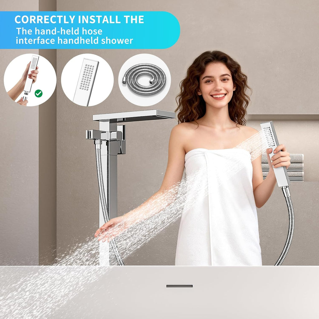 Freestanding Bathtub Faucet with Handheld Spray Single,High Flow Waterfall Bath Shower Faucet,Floor Mount Bathtub Faucet Swivel Flat Waterfall Spout Polished Chrome