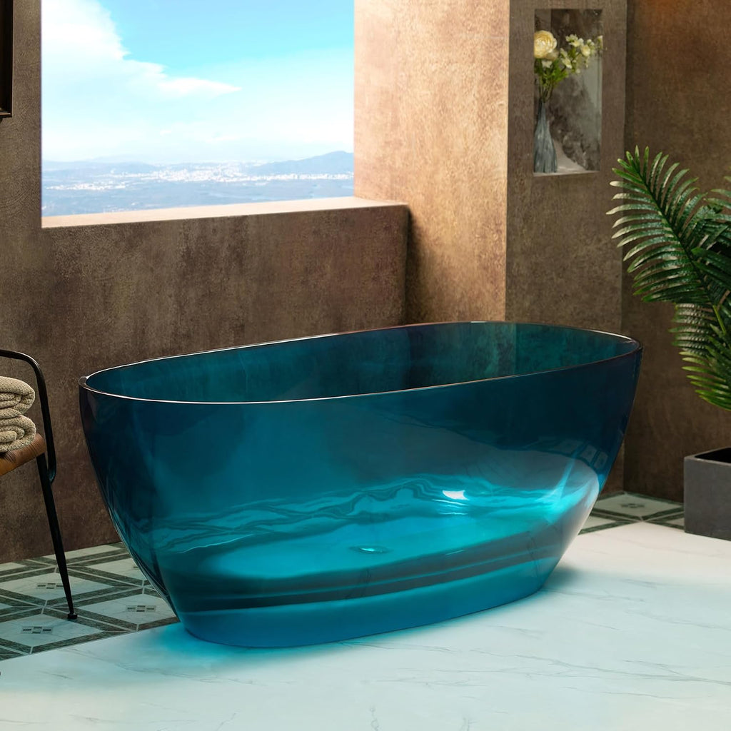 WOODBRIDGE 63' L x 28-3/8' W Transparent Blue Stone Resin Freestanding Soaking Tub with Double Ended Design